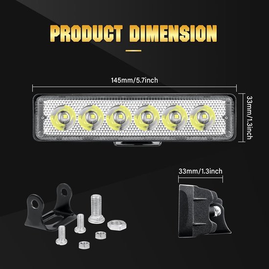 Afmetingen van de led-werklamp: 145mm breed en 33mm hoog, inclusief montagemateriaal en beugel.