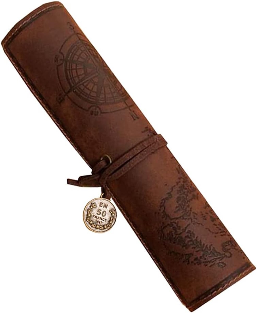 Lederen pennenrol, vintage pennenetui retro pennenrol piraten-look etui met opgedrukte schatkaart voor heren dames, bruin A, Mat., 30,5 cm x 20,5 cm, Vintage piraten-look