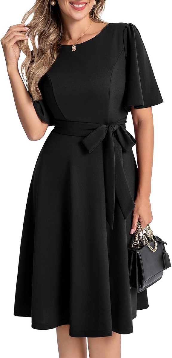 Cocktailjurk voor dames, klassieke stijl, formele jurk voor bruiloftsgasten, getailleerd en uitlopend, geschikt voor werk en afstudeerfeesten, jurk met mouwen
