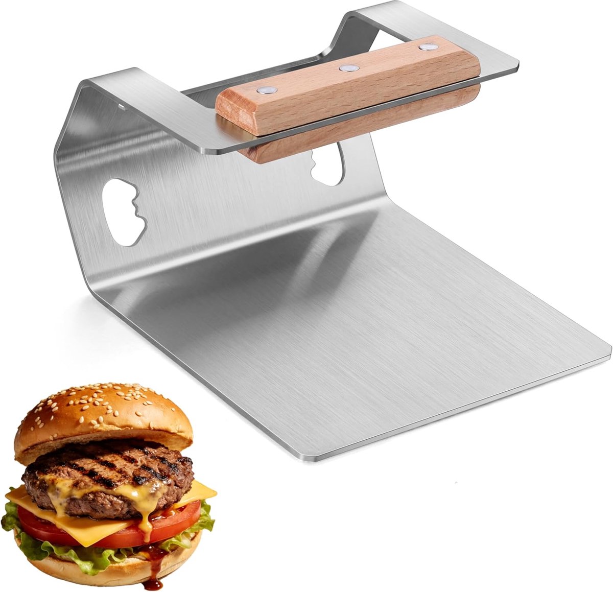 Roestvrij stalen hamburgerpers, hamburgerpers met houten handvat, hittebestendig, hamburgerpers, voor knapperige patties en steaks, antiaanbaklaag en platte barbecue-accessoires, gemakkelijk