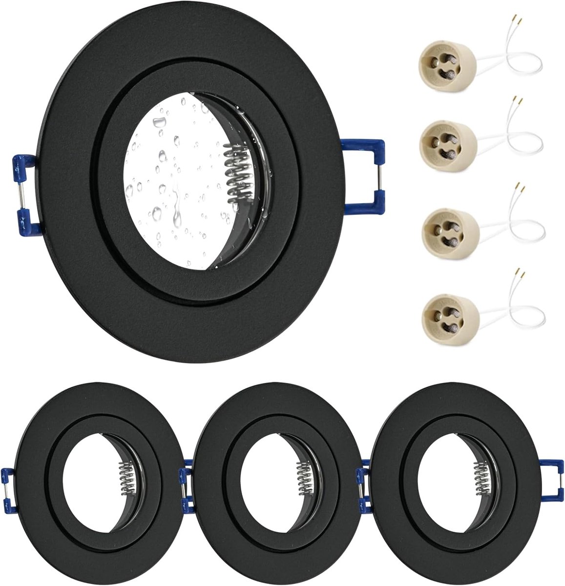 4 x led-inbouwspot, 230 V, IP44, frame met GU10-fitting, plafondspots van aluminium, zwart, rond, plat, spots, badkamer, inbouwframe, 68 mm, voor buiten, binnen
