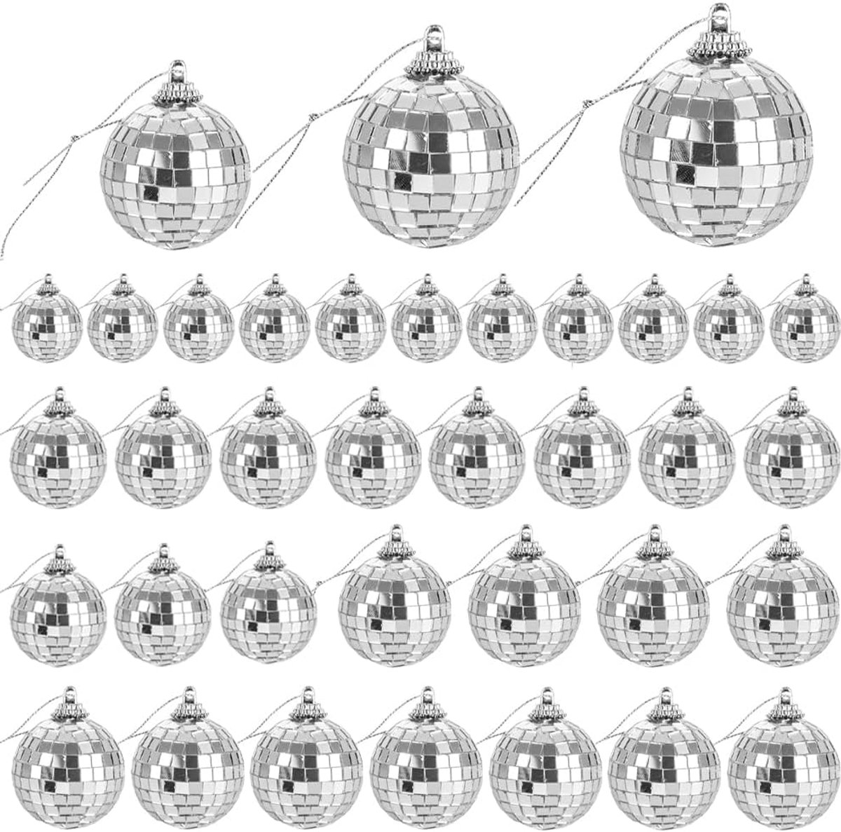 spiegelbal, 36 stuks, disco spiegelbal, decoratie, zilveren spiegelbal om op te hangen, mini-discobal, decoratie voor taartdecoratie, feest, bar, vakantiedecoratie (4/3/2 cm)