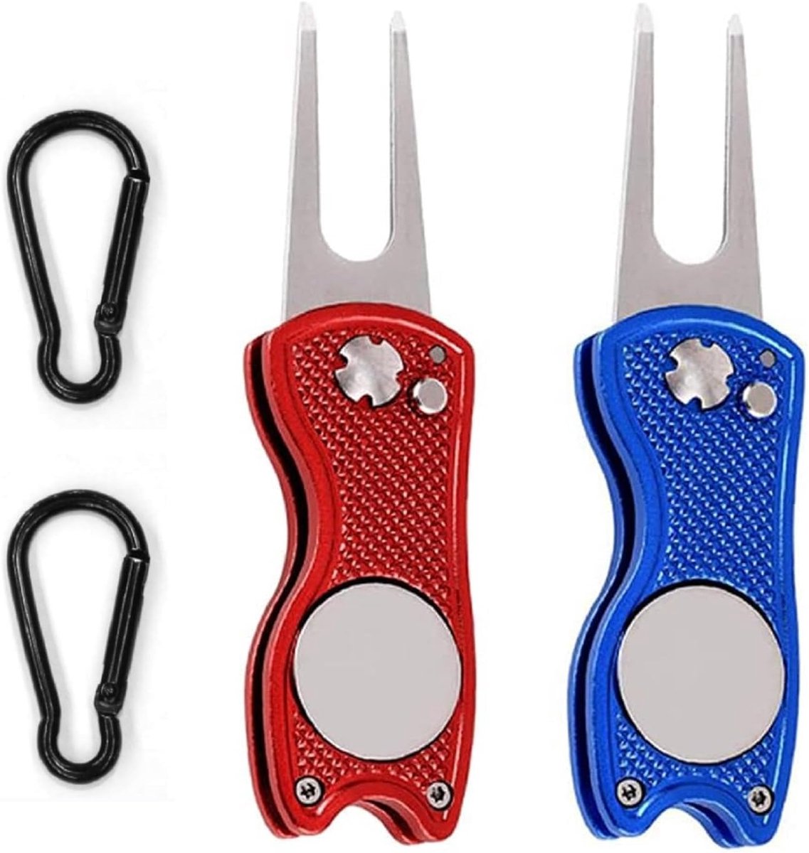 Golfaccessoires, pitchvork golf switchblade, roestvrij staal golf divot multifunctioneel gereedschap, 2PC inklapbare pitch-vork met karabijnhaak voor het repareren van divots op de golfbaan