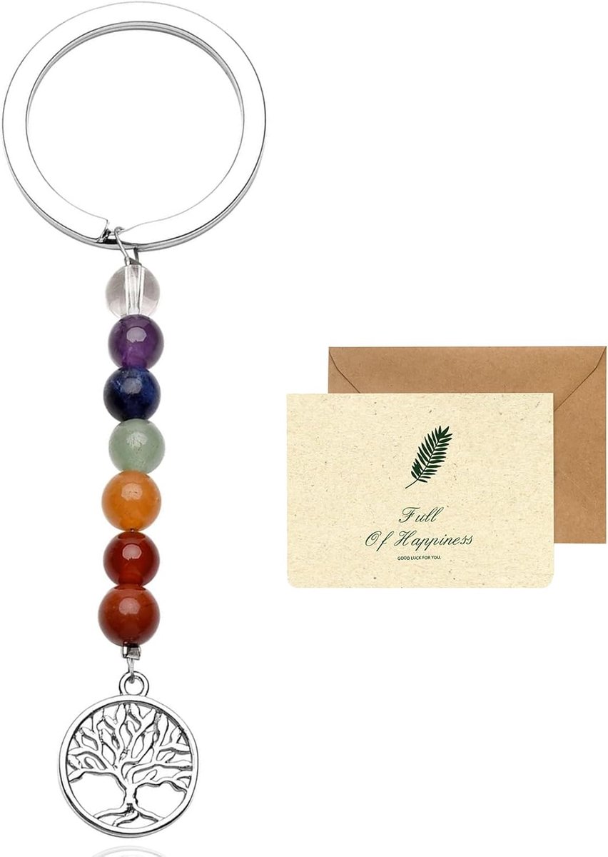 Kristallen sleutelhanger, 7 chakra kristal genezing kristal sleutelhanger natuurlijke kristal edelsteen sleutelhanger voor vrouwen meisjes tas charms, met een kaart