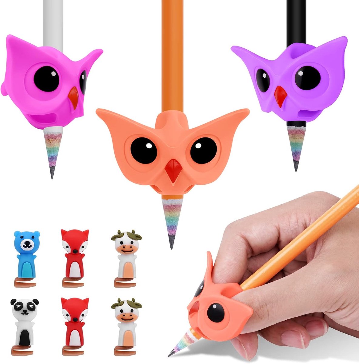 Potloodgrepen, 3Pcs Schrijfhulp Voor Pen, Ergonomische Correctiepengrepen, Potloodgrepen Voor Kinderen Met 6 Cartoonpendoppen, Voor Rechts- En Linkshandigen(Roze)