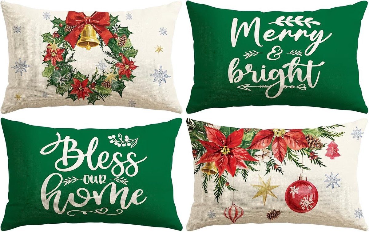 Set van 4 Linnen Kussenhoezen met Kerstgarland en Bubbels voor Woonkamer en Slaapkamer Decoratie 30 x 50 cm (Groen)