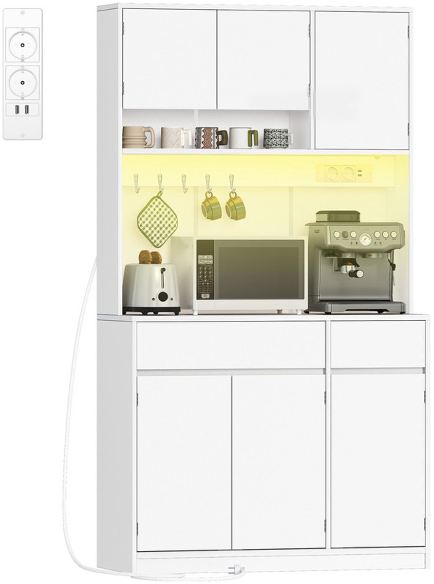 Hzuaneri Keukenkast, Dressoir met stopcontacten en led-lichtstrips,Wit