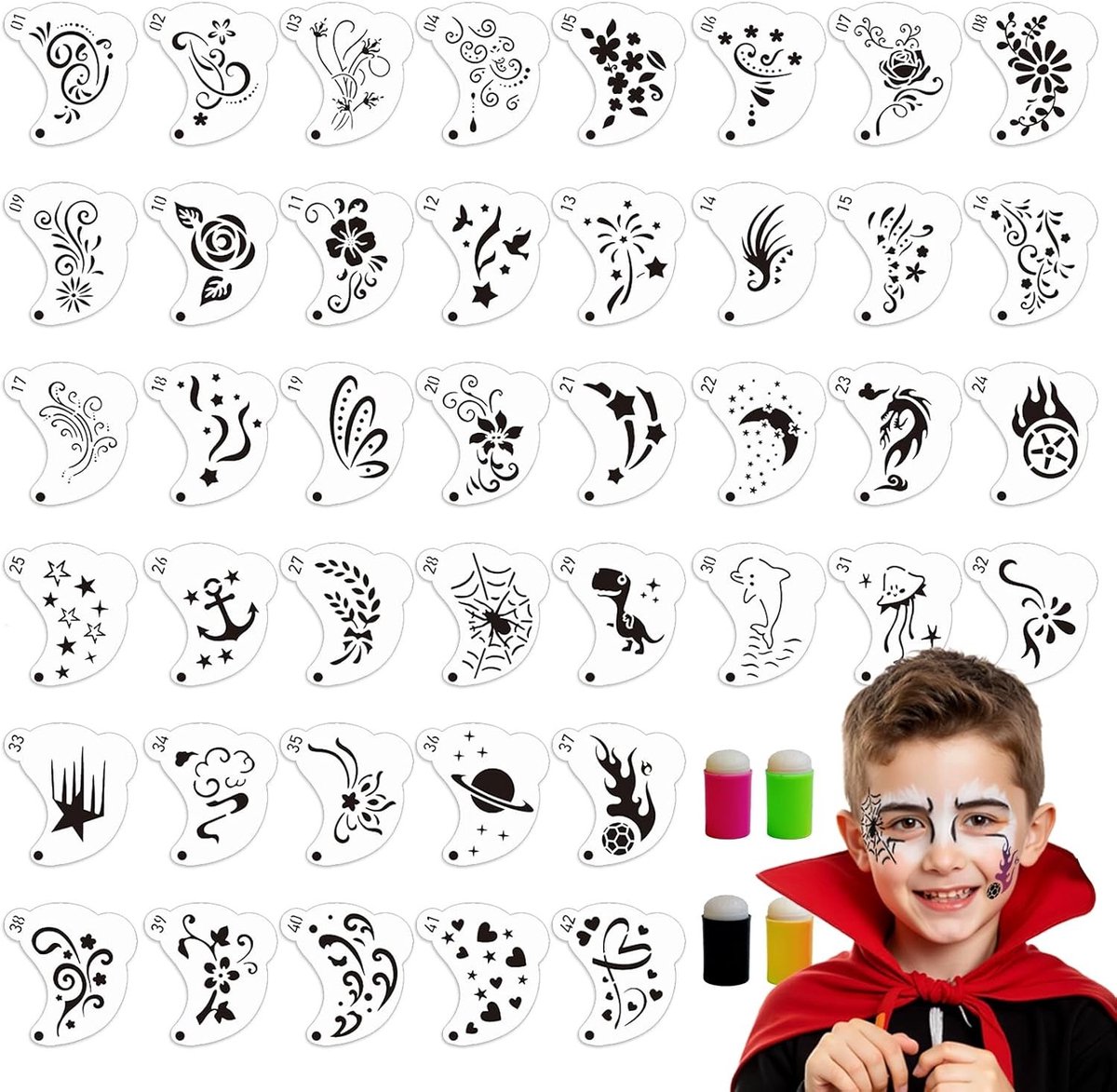 Complete Set van 42 Herbruikbare Gezichtschilder Stencils met Spons voor Kinderen, Ideaal voor Feestjes, Halloween en Creatieve Make-up Activiteiten