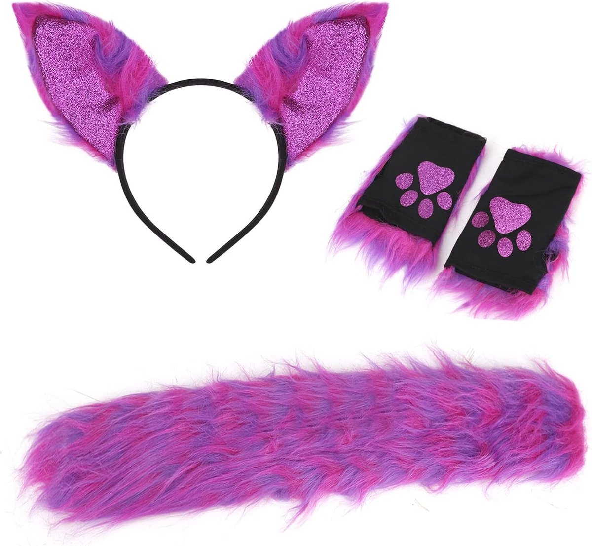 3-delig kostuumset voor katten, lange vachtstaart, kattenoren, handschoenen en accessoires voor Halloween en verkleedpartijen