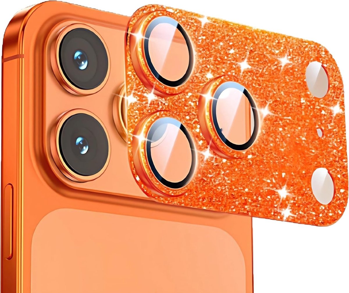 Glitter camerabescherming folie voor iPhone 17 Pro Max - Stootvaste lensbescherming, gehard glas, eendelig design, oranje kleur