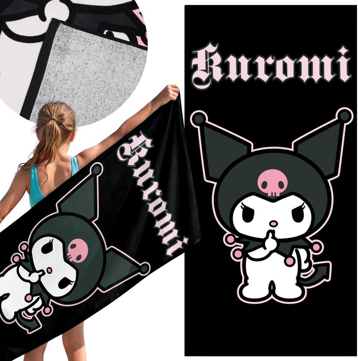 Kuromi Zwart, SNELDROGEND strandlaken, badhanddoek, 100% KATOEN 70x140 cm OEKO-TEX