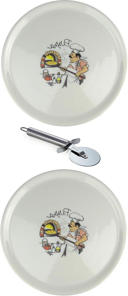 XXL Pizza Borden - Dienbladen Pizzaplaten - Pizza Serveren - Schokbestendig Porselein - 2 stuks Ø33cm - Wit met Decor