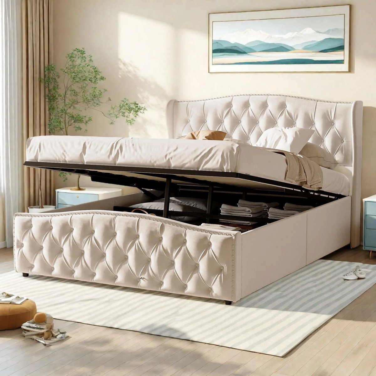 Gestoffeerd bed 160x200 cm met Opbergruimte, Tweepersoonsbed met Lattenbodem en hoofdbord,Opbergbed, Jeugdbed, fluweel, Beige,Zonder Matras