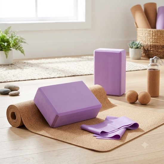 Paarse Pilates blokken yoga blokken set unisex 3 delig met 2 EVA schuim yoga blokken en TPE weerstandsband fitness hulpmiddel voor yoga pilates stretching balans en mobiliteit — afbeelding 5