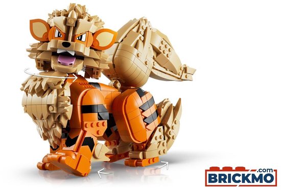 Gele en oranje LEGO Arcanine figuur in een laaghangende pose, met manen en staart.
