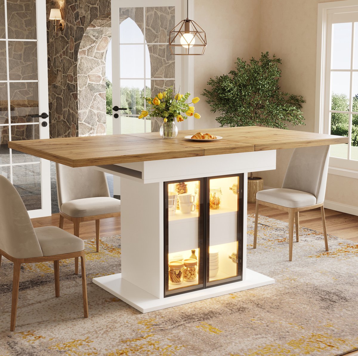 COVREO Eettafel 140 x 80 x 77,9 cm, wit, MDF en metaal, uitrekbaar