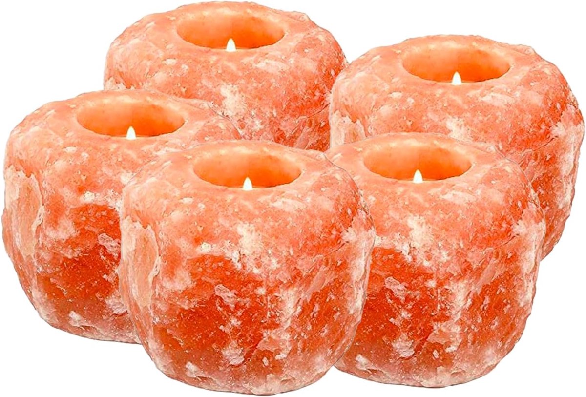 SnelShoppen - Himalayan Salt Kaarsenhouders - 4 Stuks - Natuurlijke Luchtzuivering - Gezellige Sfeer - Ideaal voor Woonkamer, Slaapkamer, Feestjes