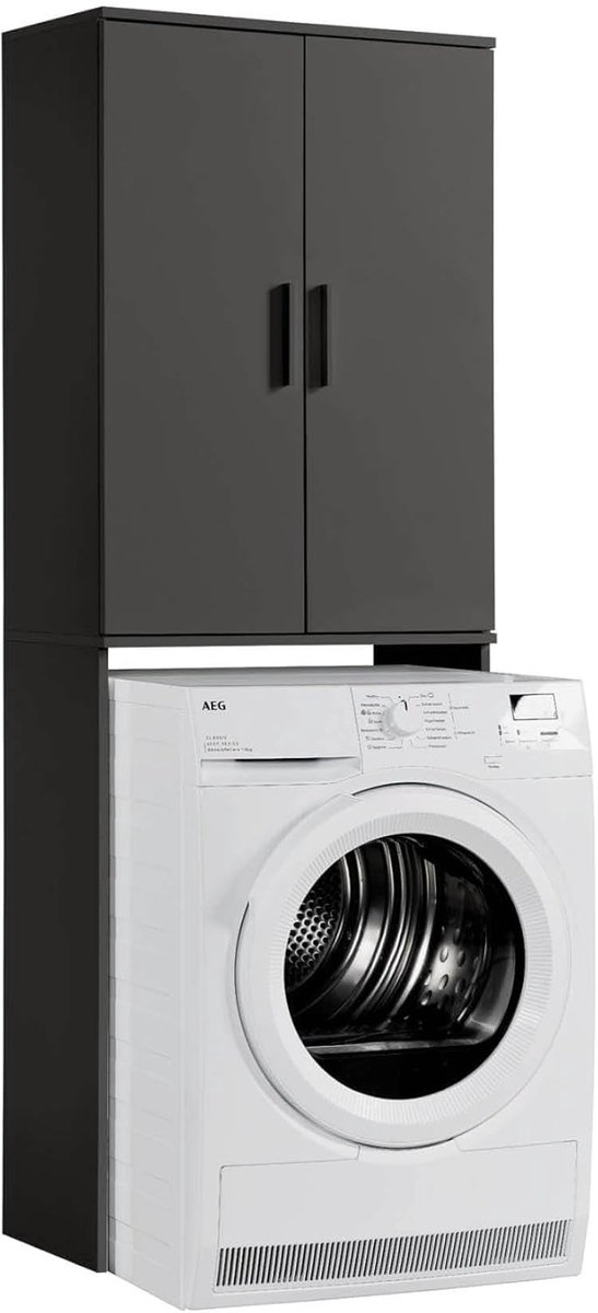 SnelShoppen - Wasmachinekast 'Der Saubermann' 65x180x34 cm, Houten Opbergkast met Deuren, Anthrazit-Zwart, Voor Wasmachine en Droger, Extra Opbergruim