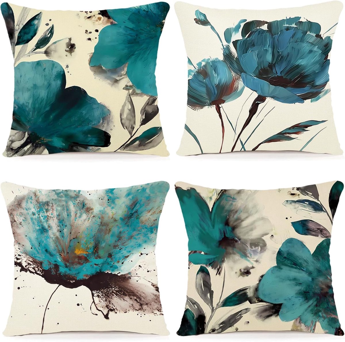 SnelShoppen - Set van 4 decoratieve kussenslopen 50x50 cm met modern aquarelschilderij bloemenpatroon, linnen kussensloop voor sofa, woondecoratie, sf