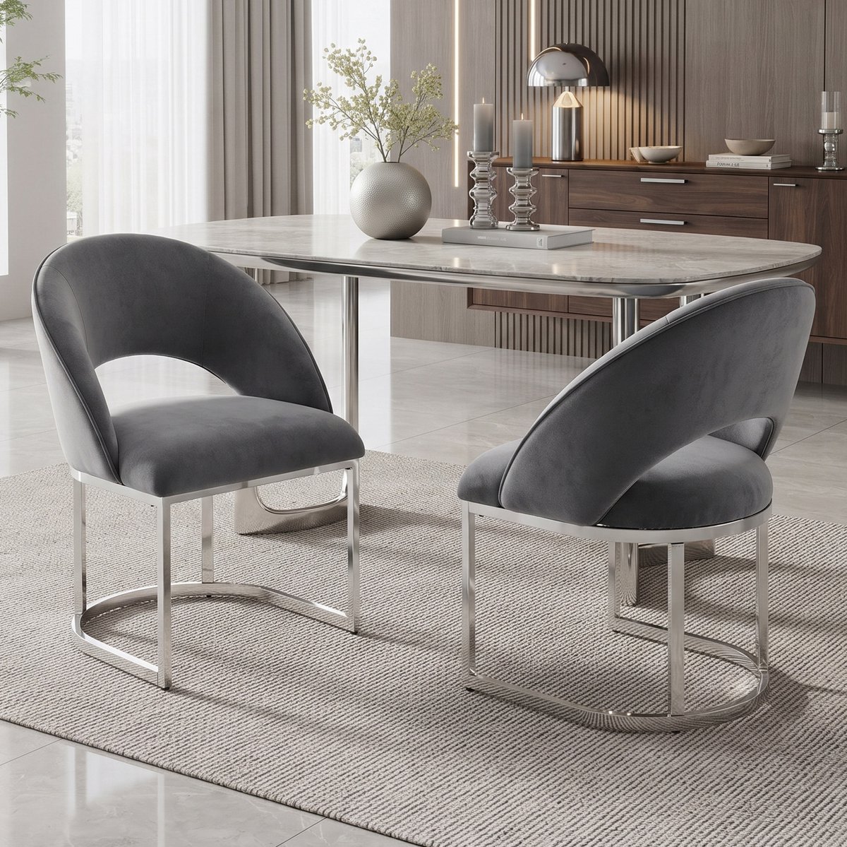 MIVRAY Eetkamerstoel Set Van 2 - Modern Kuipstoel Ontwerp - Voor Eetkamer, Woonkamer En Café - Metalen Frame - Grijs Zilver