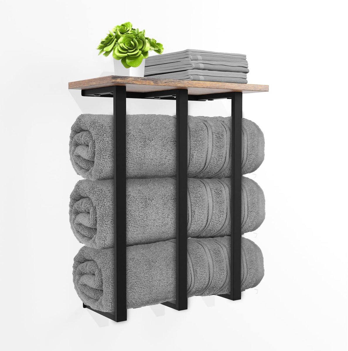 SnelShoppen - Wandhanddoekhouder met Plank voor Badkamer, Organizer voor Opgerolde Handdoeken, 3 Robuuste IJzeren Stangen, Ideaal voor Kleine Badkamer