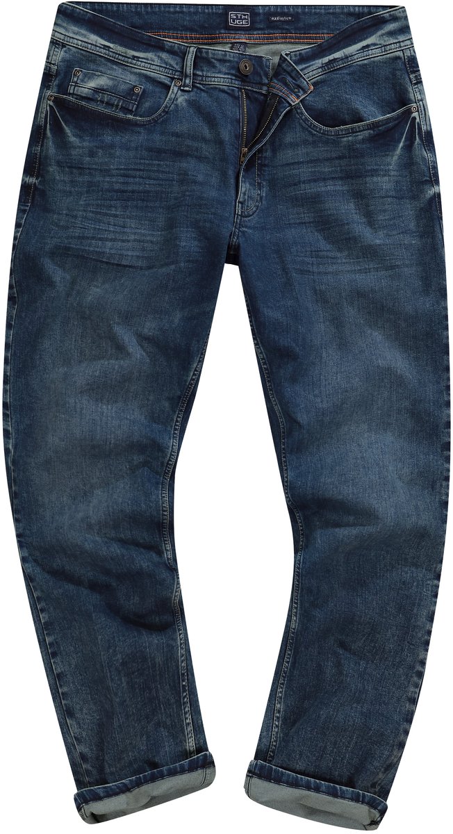 STHUGE - Heren - Jeans loose fit dirty wash 5-pocket - Donkerblauw denim - Maat 54