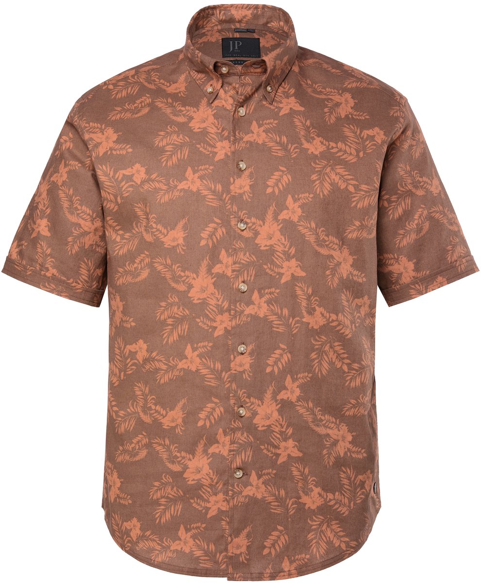 JP 1880 - Heren - Overhemd korte mouwen linnenmix buttondown kraag modern fit - Diep reebruin - Maat XXL
