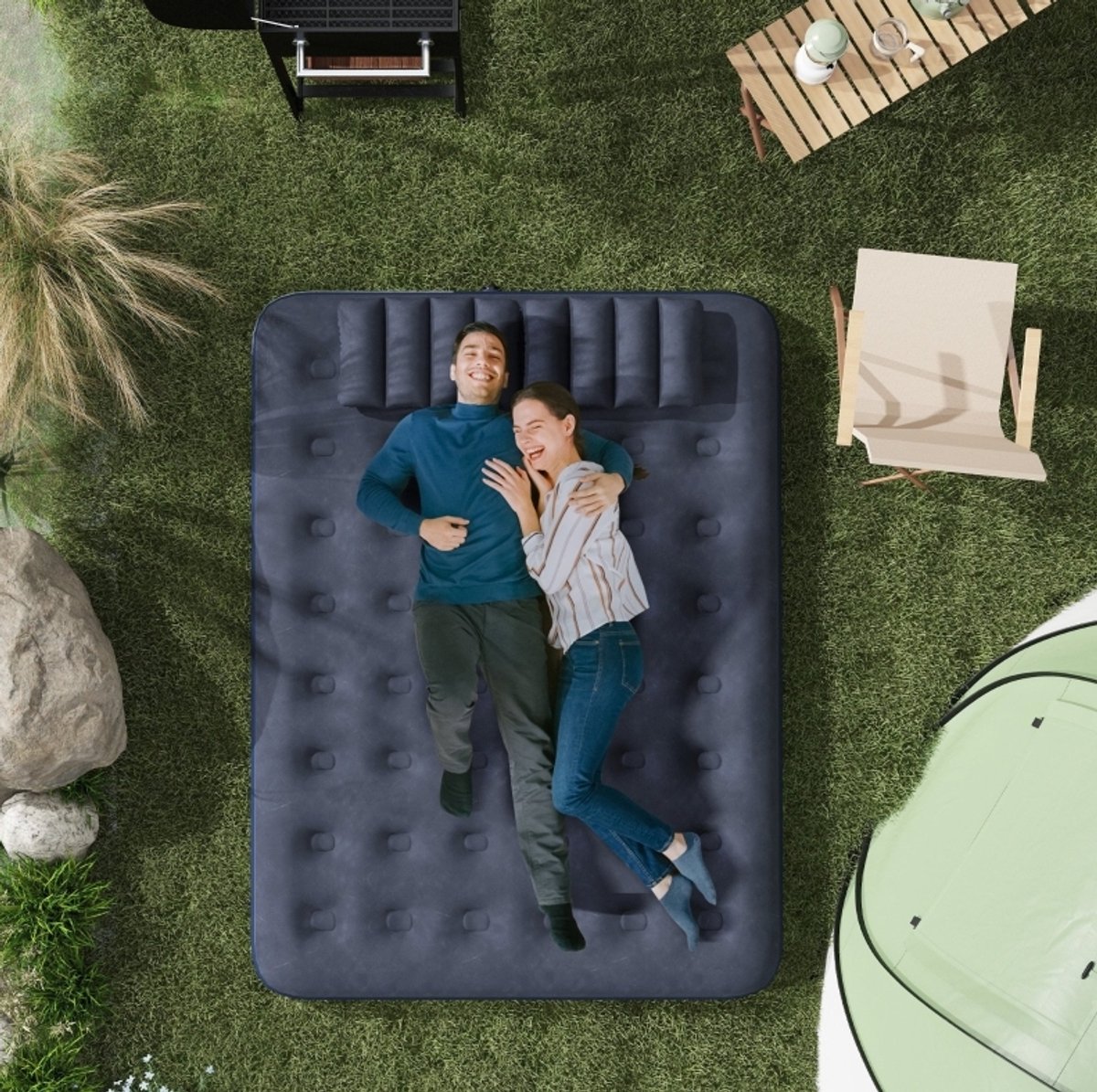 COVREO Luchtmatras 203 x 152 x 22 cm blauw, PVC met handpomp en kussens