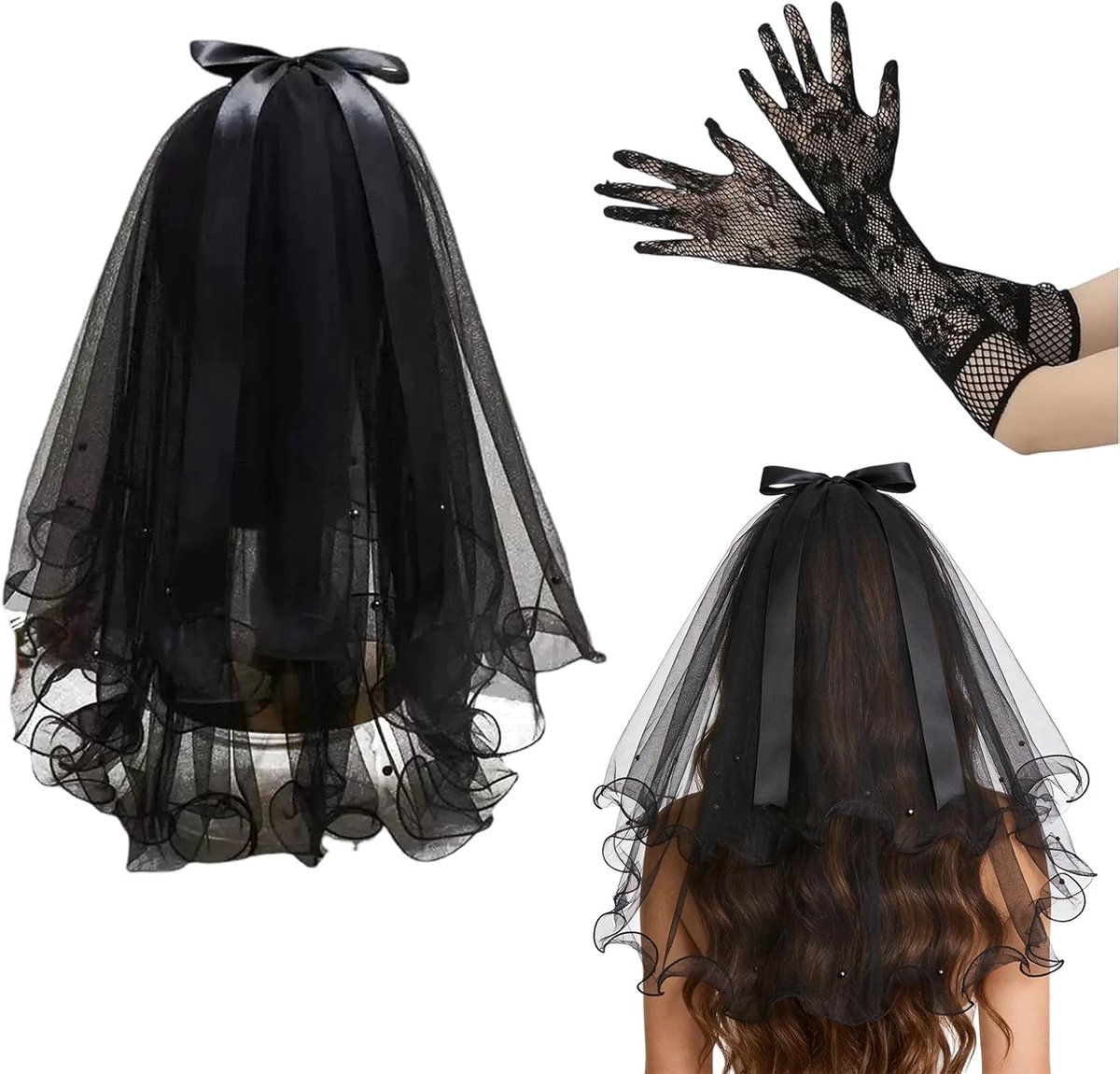 Korte Zwarte Bruidsluier met Kam, 2 Laags Gothische Bruidsluier met Kunstperlen en Strik, Zwarte Kanten Handschoenen voor Halloween, Bruiloften en Feestkostuums
