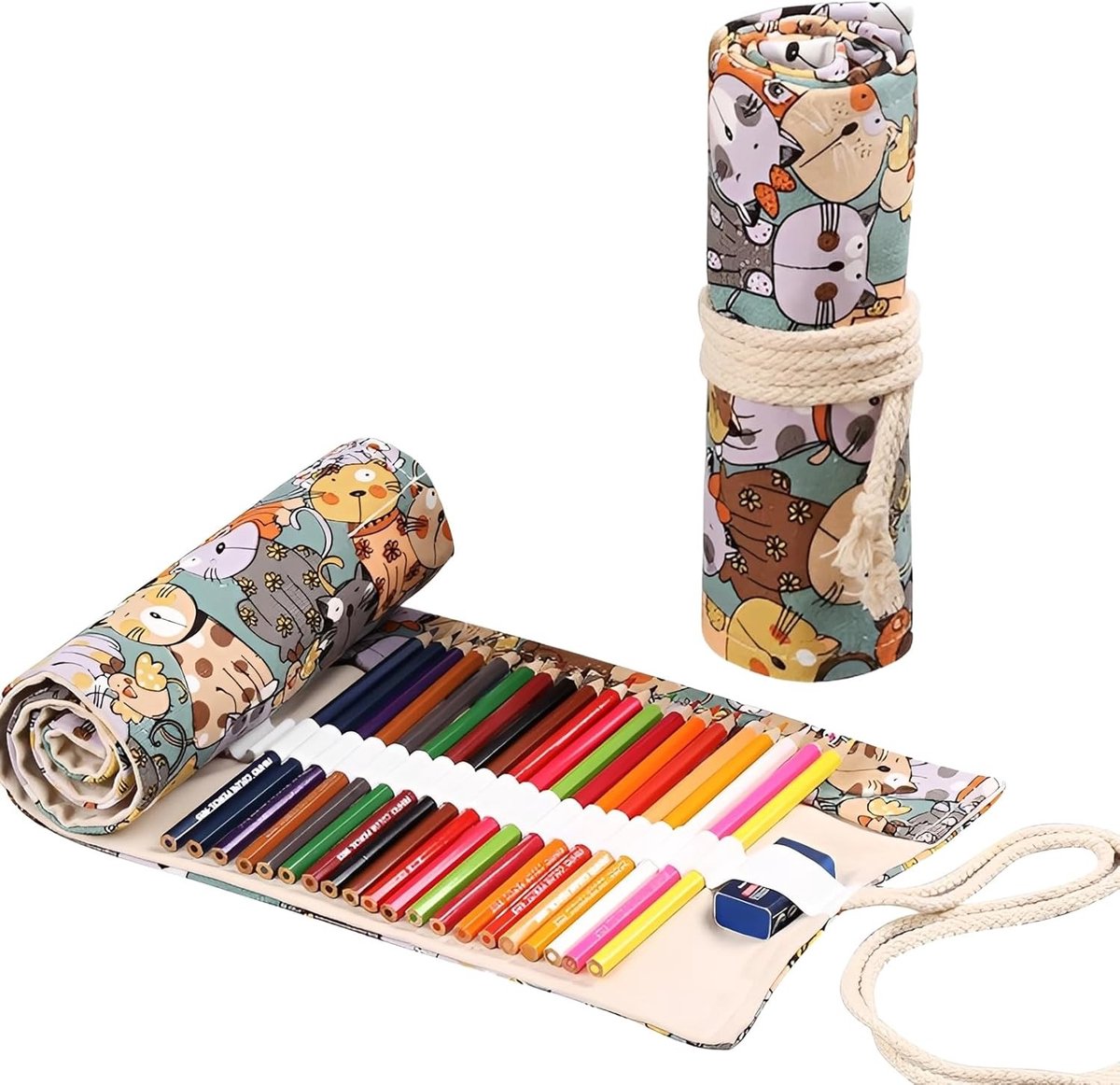 1 Pcs 72 Hole Canvas Pen Roll Binder Canvas Pencil Roll Binder Pen Case Roll Washable (Cat Design) - ShopVlot