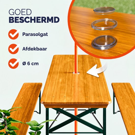 Houten biertafel met parasolgat van 6 cm, afdekbaar.