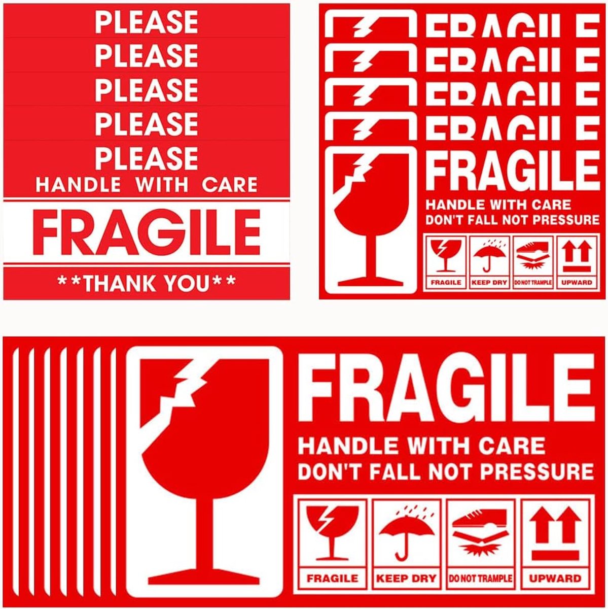 SnelShoppen - Fragiele stickers set 120 stuks - zelfklevende verzendstickers met 'Fragile' tekst in rood-wit - 40 stuks 15 x 9 cm en 80 stuks 9 x 5 cm