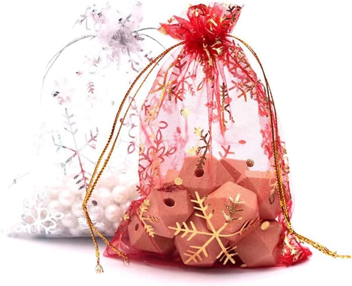 Pack of 50 Organza Jewelry Bags, Snowflake Organza Bags with Drawstring, 9 x 12 cm, Perfect for Wedding, Christmas - ShopVlot