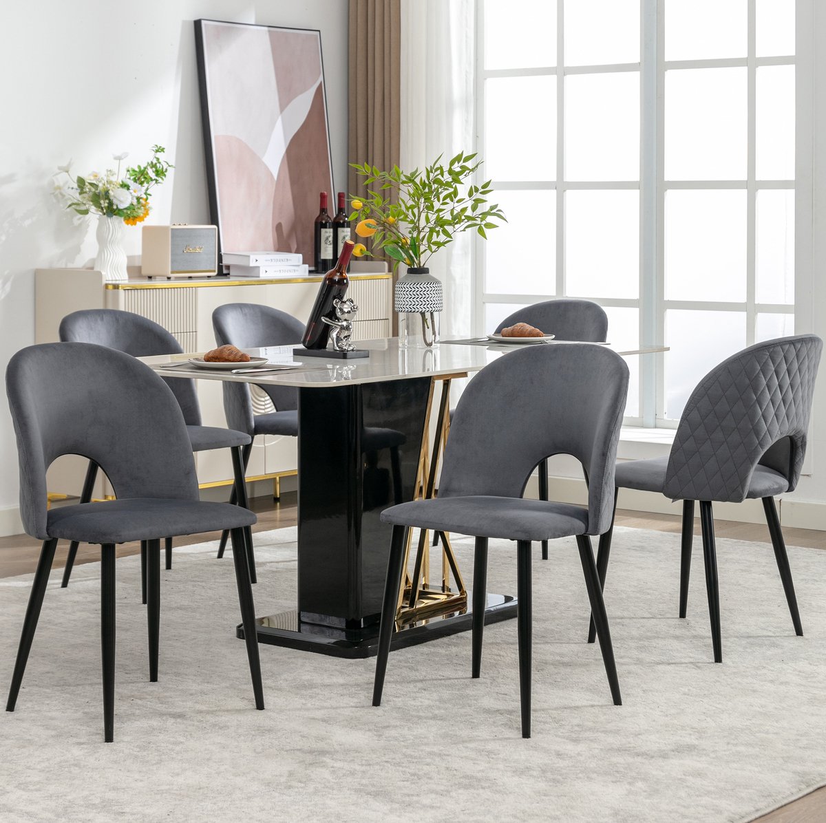 COVREO Eetkamerstoel 47x44x84 cm grijs, velvet met metalen onderstel