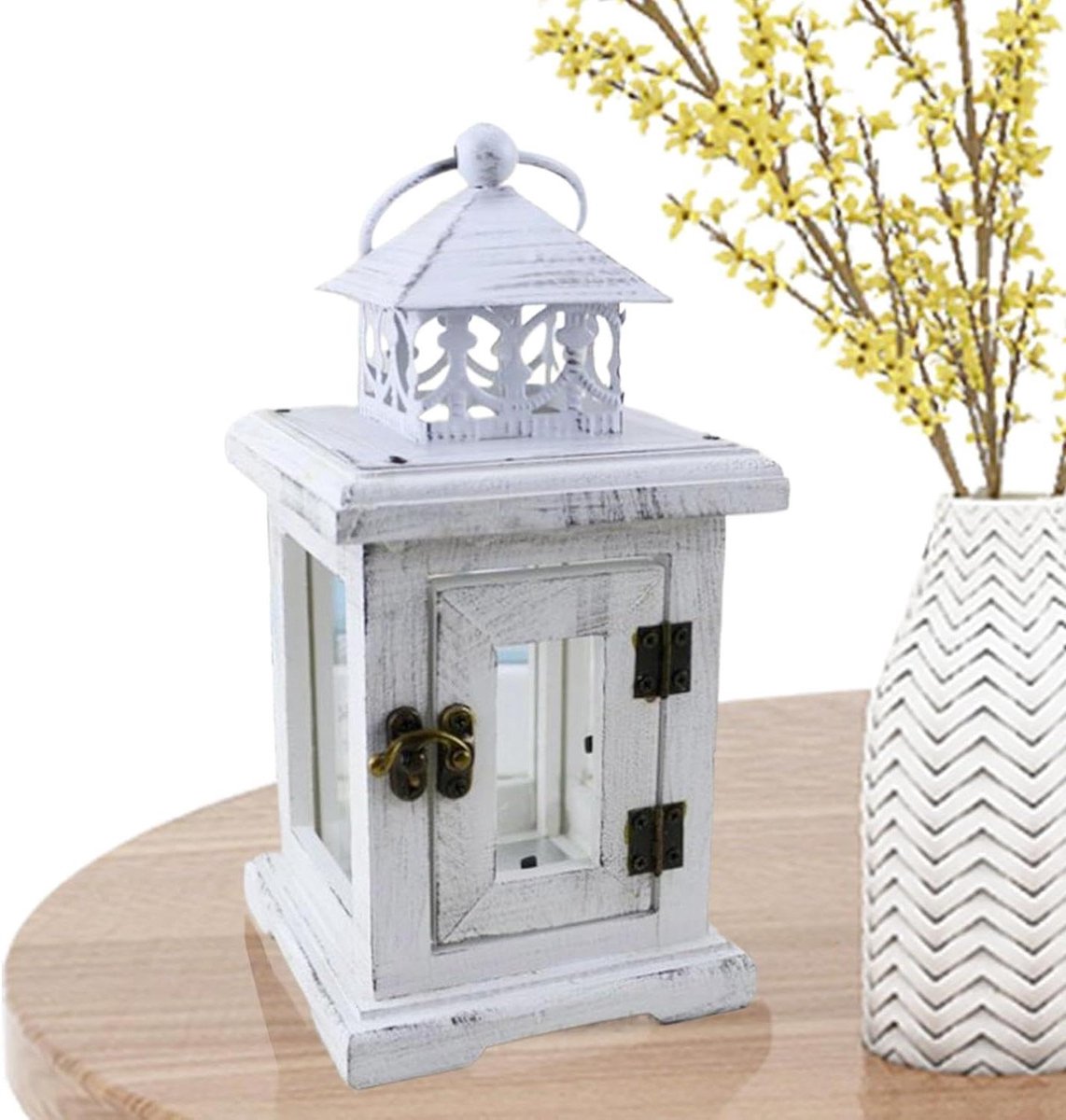 Kaarsenlantaarn Hout - Decoratieve Lantaarn Kandelaar - Sfeer Creëren - Rustieke Afwerking - 12 x 12 x 23 cm - Wit