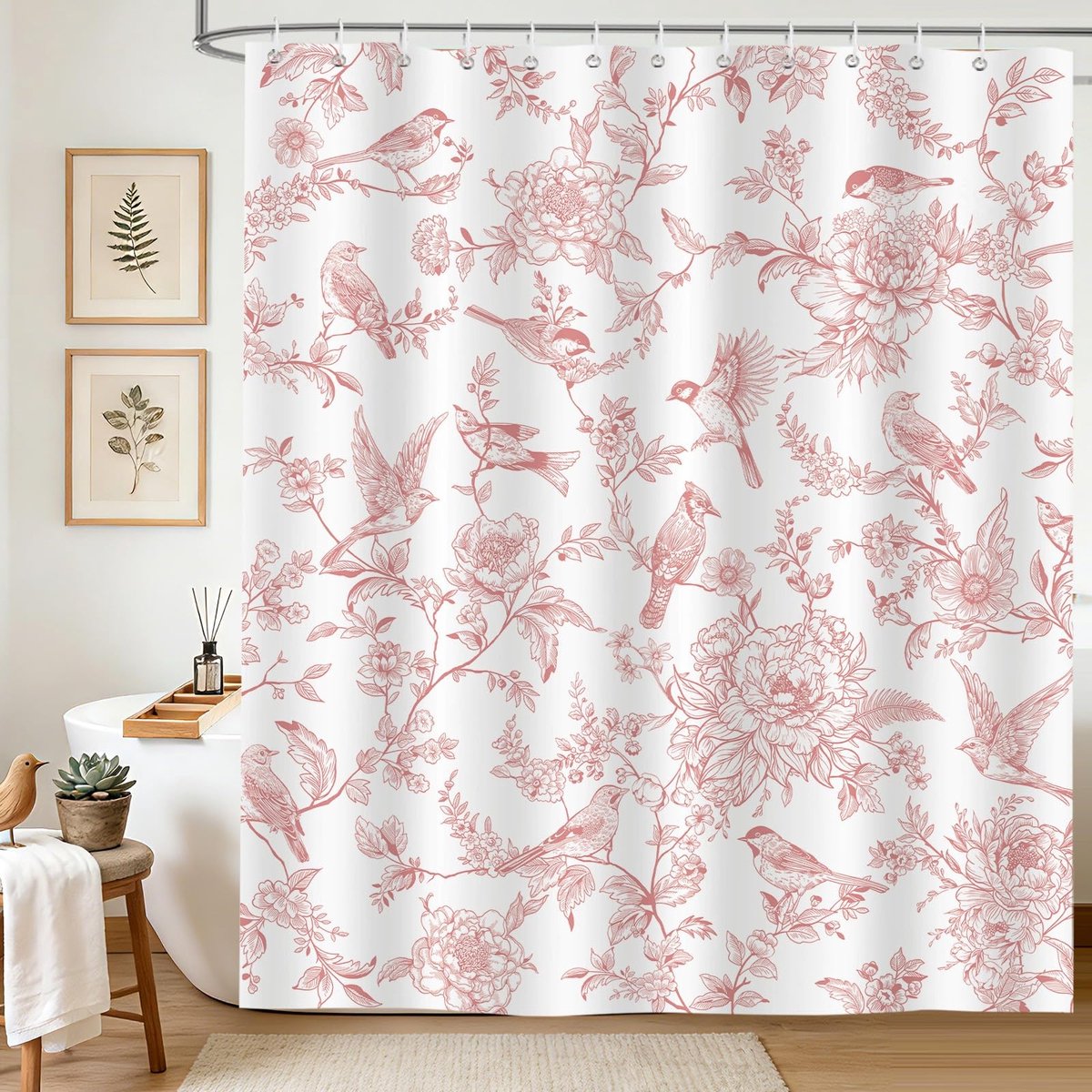 Omgoods - Vintage Douchegordijn met Roze Bloemen en Vogels voor Badkamerdecoratie