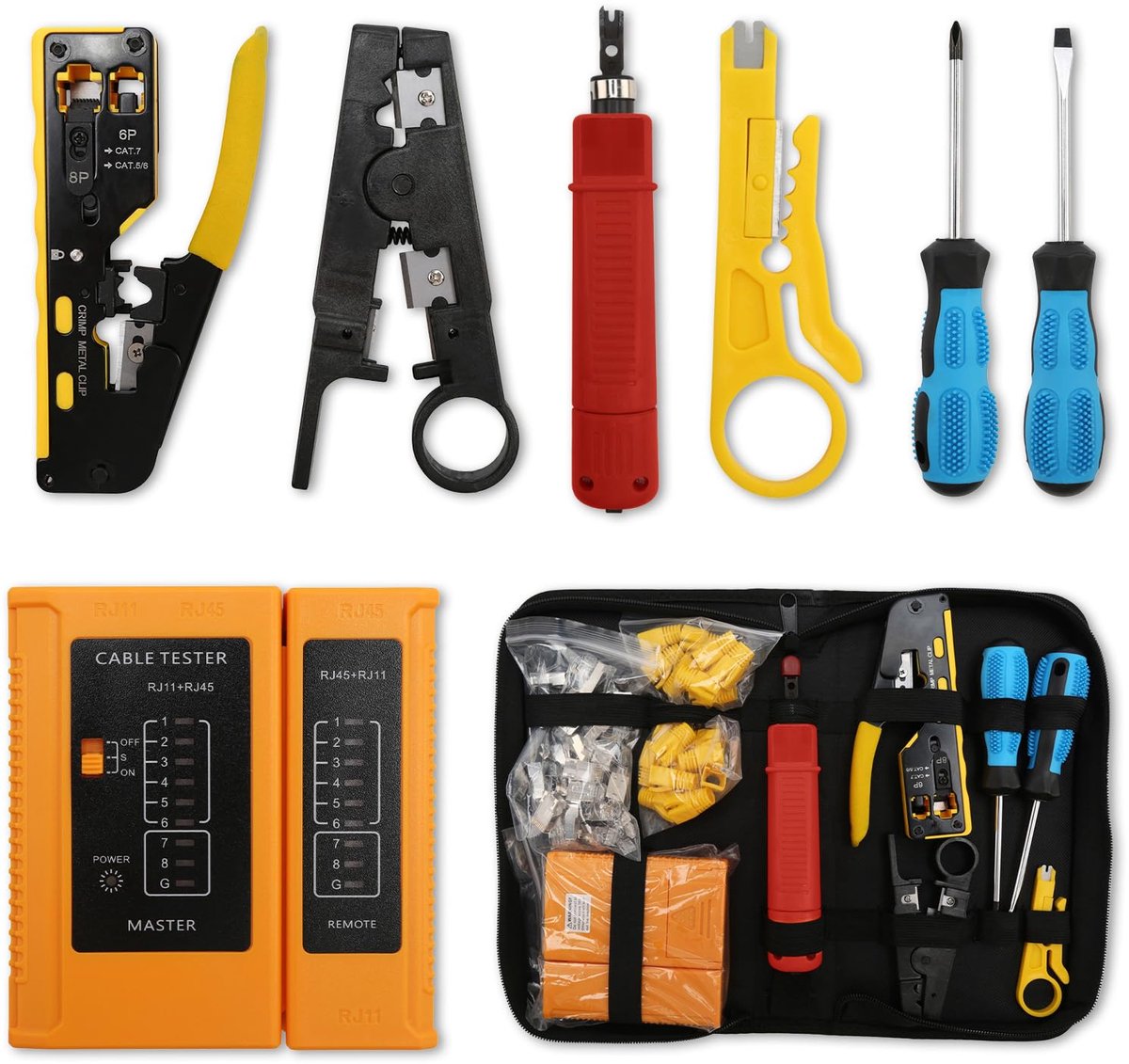Omgoods- Netwerkgereedschapsset All-in-one - RJ45 Krimpgereedschap - Netwerktester - Draadstripper - Punch Down Gereedschap - Schroevendraaier - Ergonomisch Ontwerp - Netwerkset