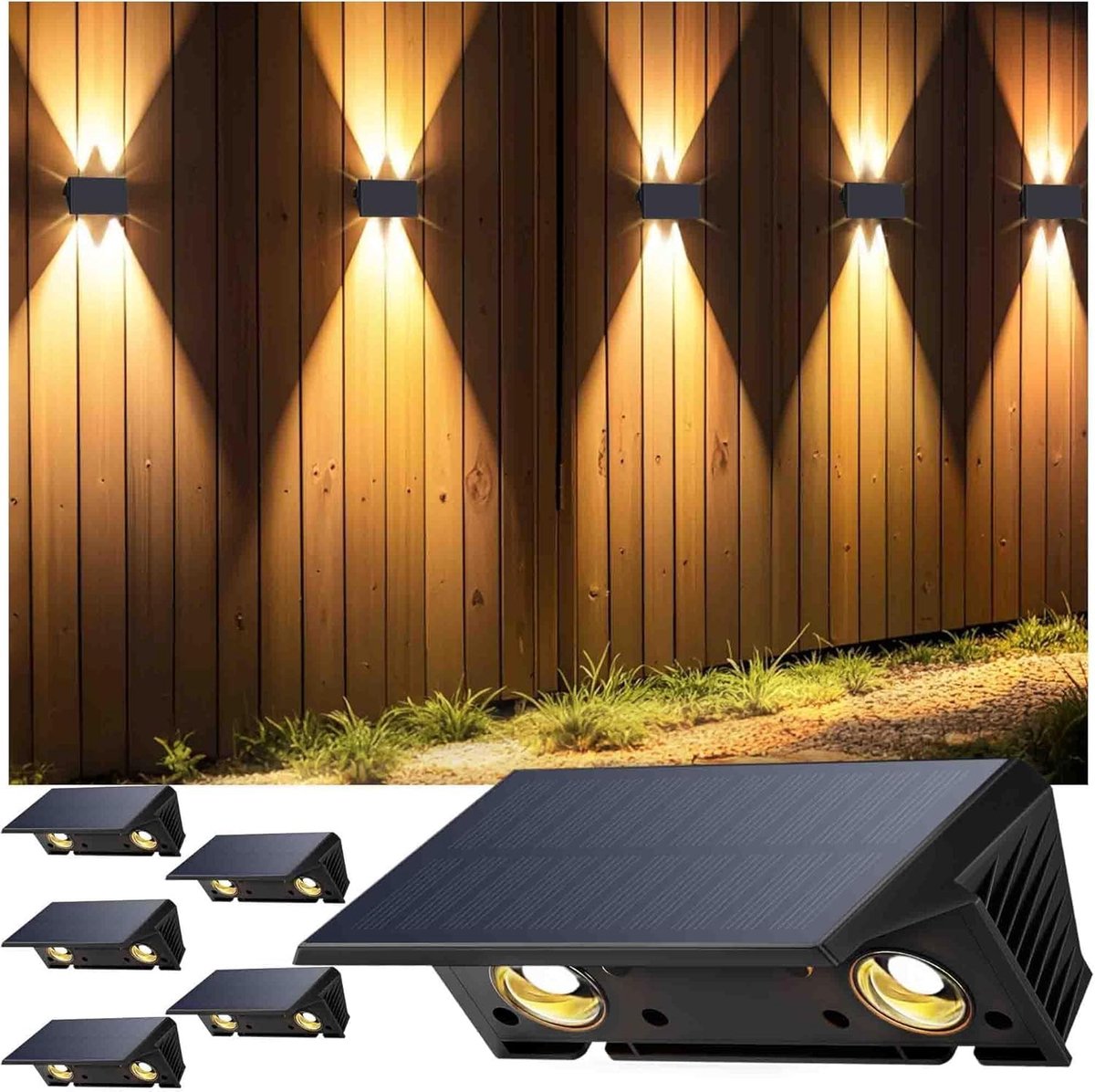 Oplaadbare Solar Wandlampen voor Buiten - Waterdichte LED Verlichting voor Tuin, Balkon en Terras - Set van 6 Warm Witte Lampen met Up and Down Lichtfunctie