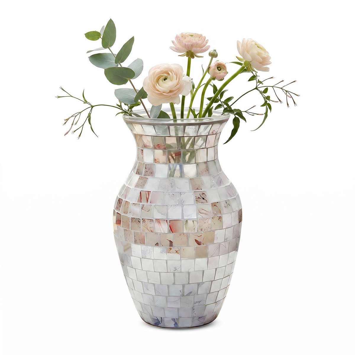 Omgoods - Handgemaakte Mozaïek Glazen Vaas, 20x10x11 cm, Wit