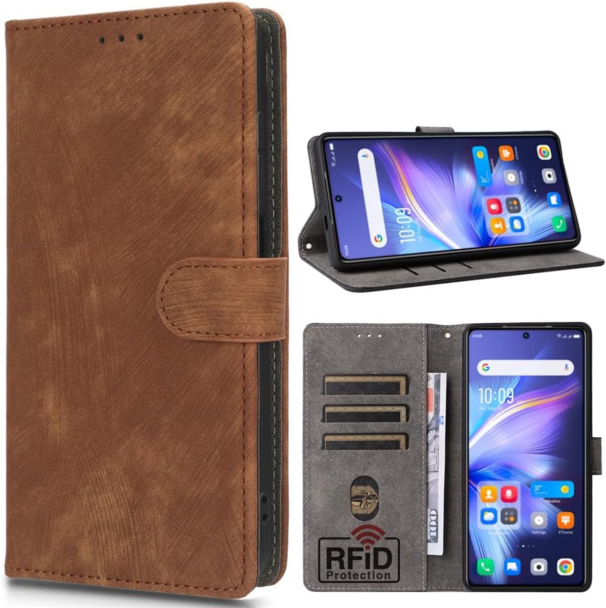 SnelShoppen - RFID-blokkerende portemonnee hoesje voor TCL 505/T509K/T5094 - Bruin - Kaart houder met magnetische sluiting - Draadloos opladen - Ideaa
