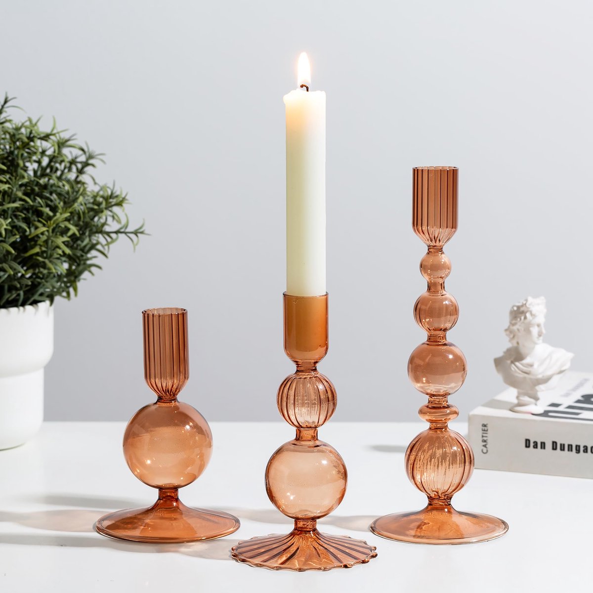 SnelShoppen - Glazen Kaarsenhouders Set van 3 - Bruine Kandelaar voor Taper Kaarsen - Bubble Kaarsenhouders voor Woonkamer, Feesten en Decoratie
