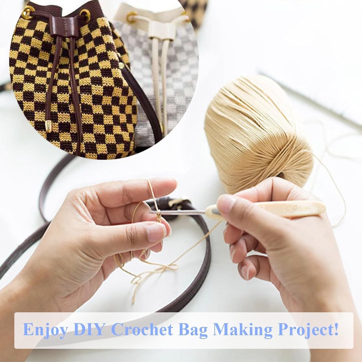 3-delige Haaknaald Tas Set 22x10cm - Trekkoord Tas voor Haaknaalden, Leer en DIY Accessoires - Ideaal voor Haakprojecten en Organisatie van Haakbenodigdheden
