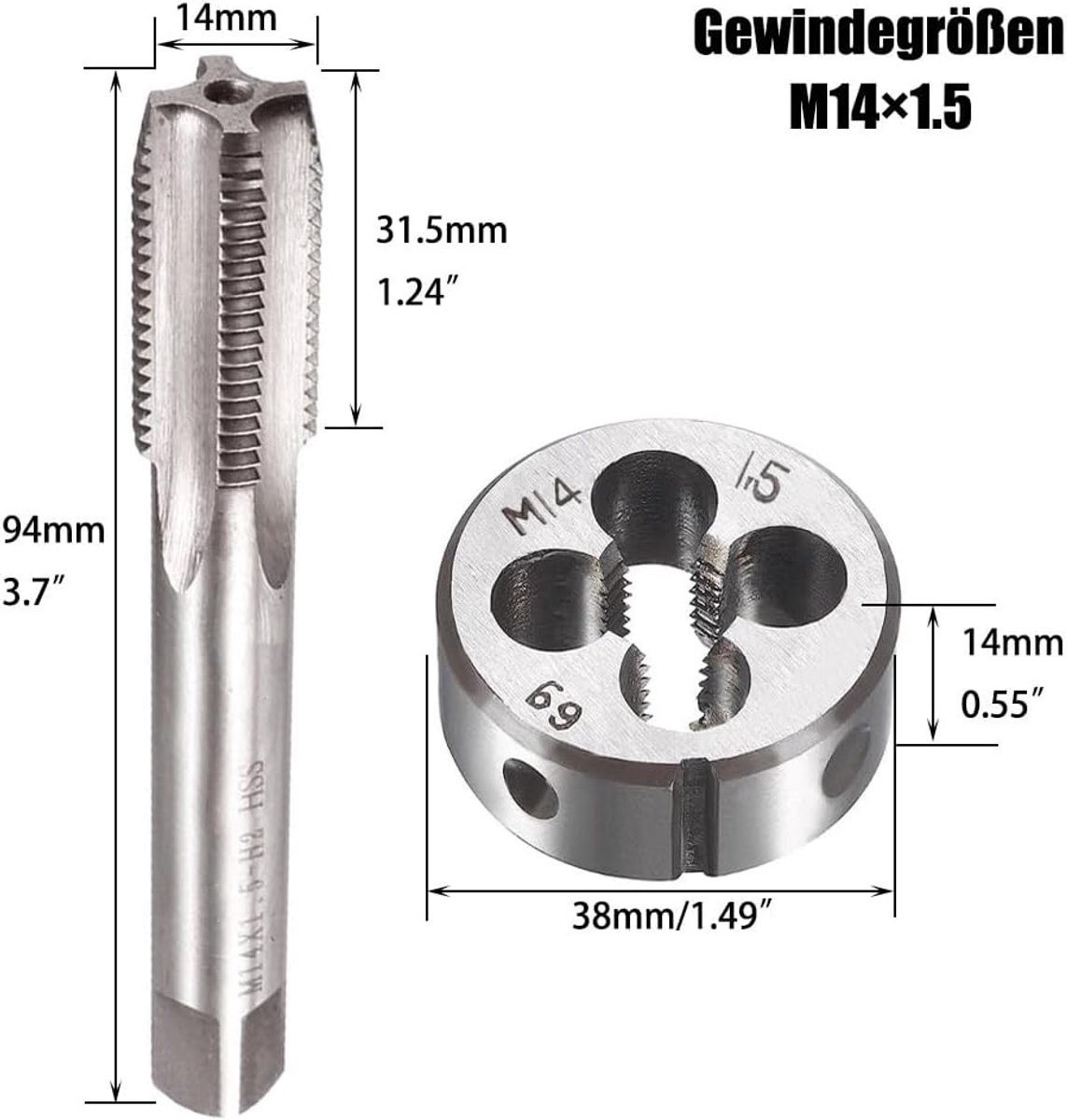 X 1,5 metrisch draadsnij- en draadsnijijzer M14 x 1,5 mm HSS schroefdraadboor en snijijzer, rechtse schroefdraad fijne schroefdraad snijder, recht geribbeld schroefdraadsnijder