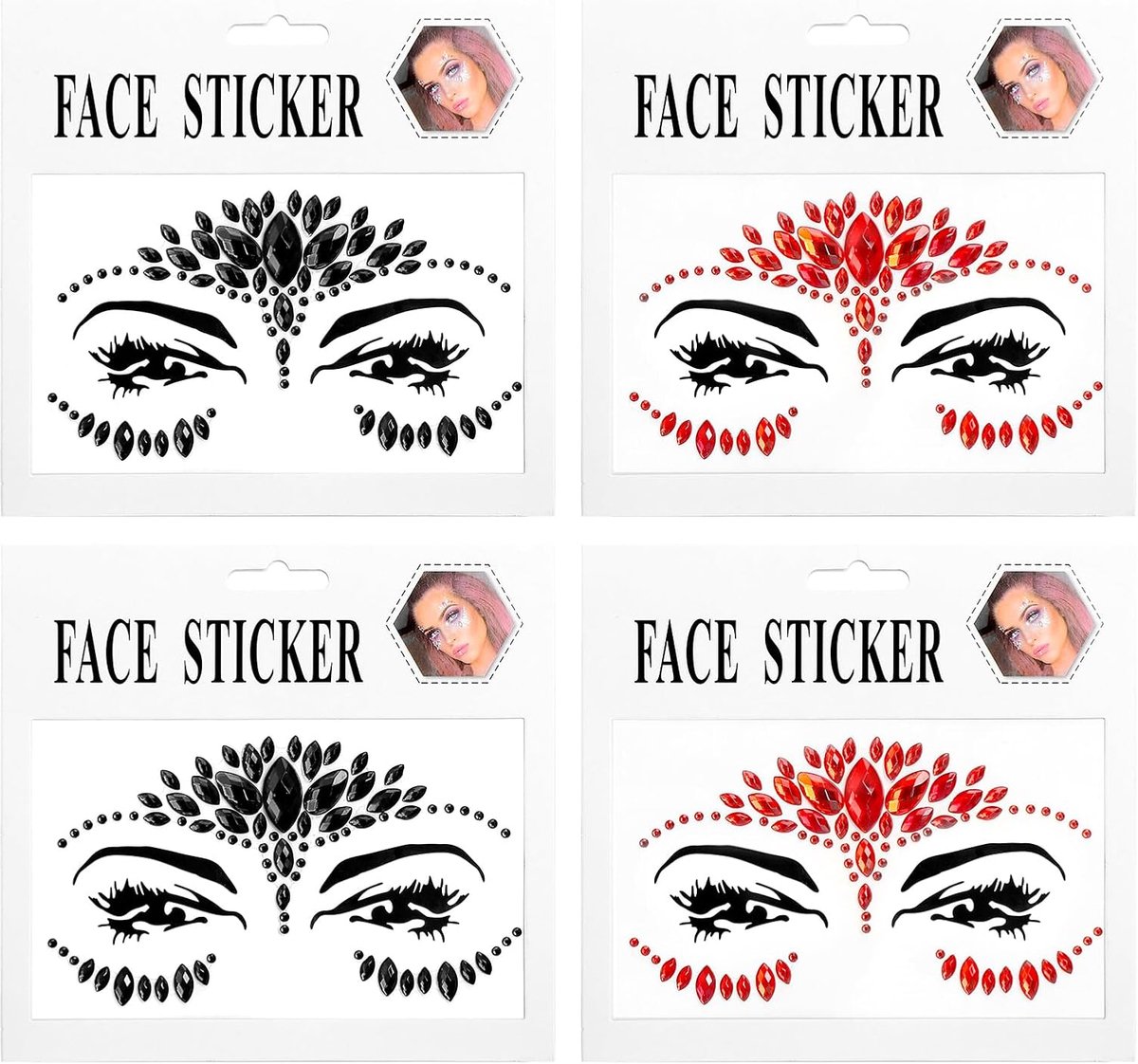 4 stuks festivalstickers gezicht, Halloween, strass-steentjes, zelfklevend, gezicht, zwart/rood, glitterstenen, festival, carnaval, gezicht, strasssteentjes, glitter, tattoo, gezicht voor