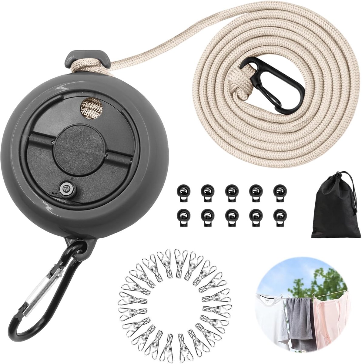 Waslijn, uittrekbaar, 10 m, draagbare campingwaslijn, outdoor, reizen, antislip, waslijn voor kamperen, wandelen, badkamer, bijkeuken, hotel, tuin, balkon, ster, zwart