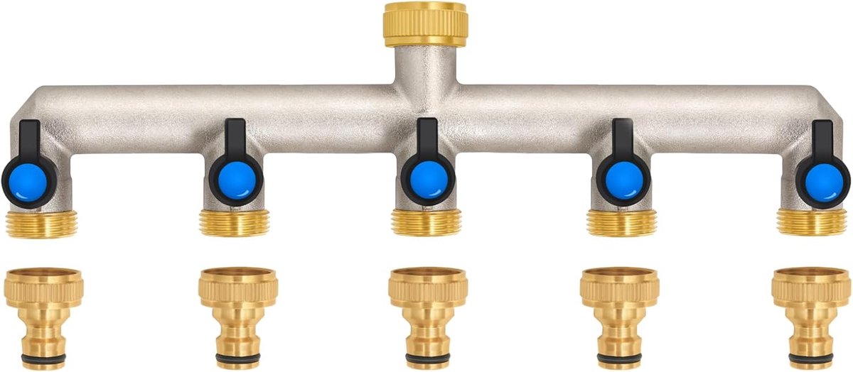 5-weg waterverdeler van messing voor 5 apparaten/tuinslangen, 5-delige verdeler 3/4 inch adapter 1/2 inch met kogelkraan voor het instellen en afsluiten van de waterstroom