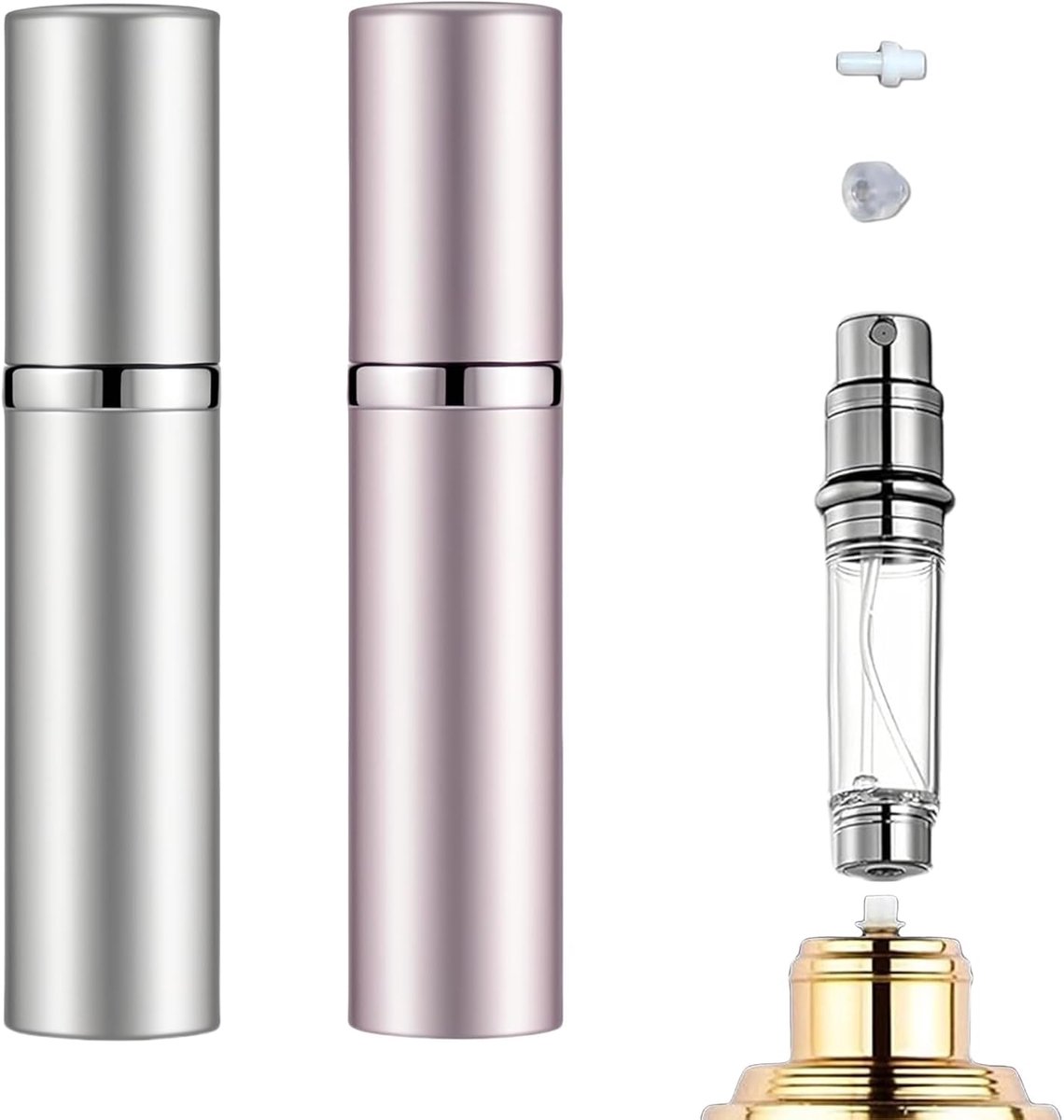 2 stuks spuitfles, kleine parfumverstuiver, navulbaar, reisverstuiver, parfum, parfum, verstuiver voor wandelen, reizen en uitgaan (5 ml, zilver, roze) | Navulbare reisverstuiver, zilver en roze, parfumverstuiver, voor wandelen, reizen en uitgaan
