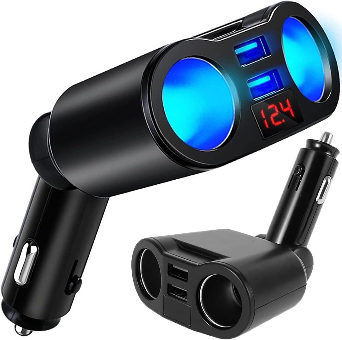 Sigarettenaansteker verdeler met 2 meervoudige stopcontacten, voltmeter en 2 USB, 12 V/24 V, A Quick Charge, auto-oplader, aansluitingen voor mobiele telefoon, tablet, GPS, dashcam