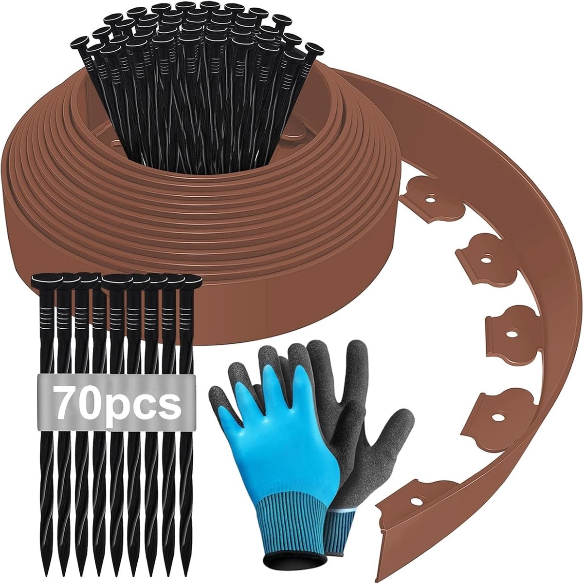Gazonrand voor de tuin en bloembedden, flexibele tuinrand, 15 m x 5 cm, bruin, handschoenen en 70 spijkers
