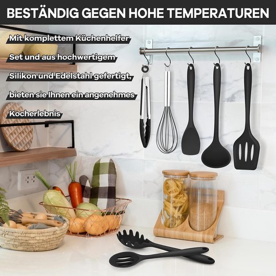 Keukenhulpset, 7-delige zwarte siliconen keukengerei set - Anti-aanbakkookbestek, hittebestendig kookgerei met spatel voor koken, bakken, gezond, vaatwasmachinebestendig — afbeelding 3